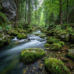 Forest stream, mossy rocks, lush green trees (1)