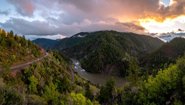 Mountainous River Valley at Sunset
