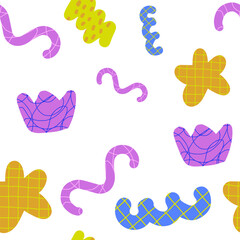Playful abstract shapes in purple yellow and blue with organic textures and wavy lines create a whimsical seamless pattern.