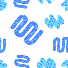 Abstract blue organic shapes with blue stripes seamless pattern on white