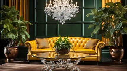 Sophisticated living room with rich green walls, a mustard yellow leather sofa, a glass coffee table with a gold base, a large indoor plant, and a crystal chandelier.