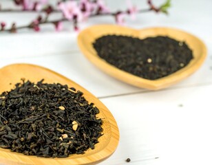 Heart-shaped tea bowls with loose black tea
