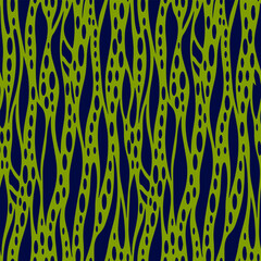 Abstract organic wavy lines with circular perforations seamless pattern in vibrant green and deep blue