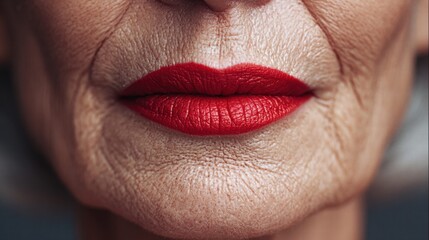 Fototapeta premium A close up shows the red lipstick on an older woman's lips, with wrinkles.