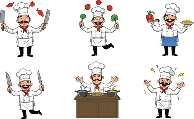 Cartoon chef character illustrations, cooking, juggling food, holding vegetables, preparing pasta, restaurant kitchen concept, funny happy cook, culinary art design