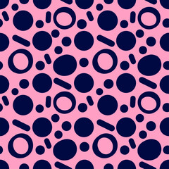 Playful abstract pattern with navy blue circles and rounded rectangles on a soft pink background creating a fun and modern design perfect for textiles or stationery.