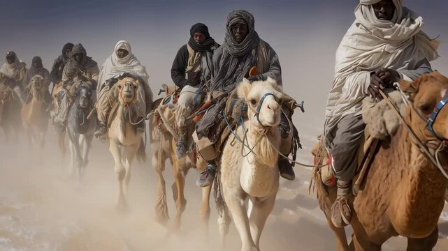 Desert caravan journey: camels and riders traversing sandy dunes in majestic formation