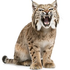 Obraz premium Bobcat with mouth open and teeth bared on white background
