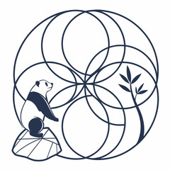 Stylized panda sitting on rock with bamboo and geometric pattern