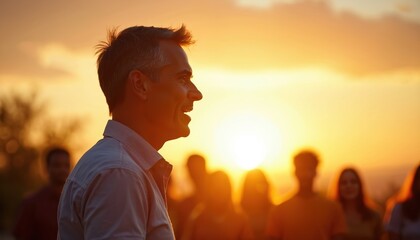 Man speaks animatedly to group of people outdoors during golden hour sunset. Blurred background silhouettes suggest community engagement and volunteer service.