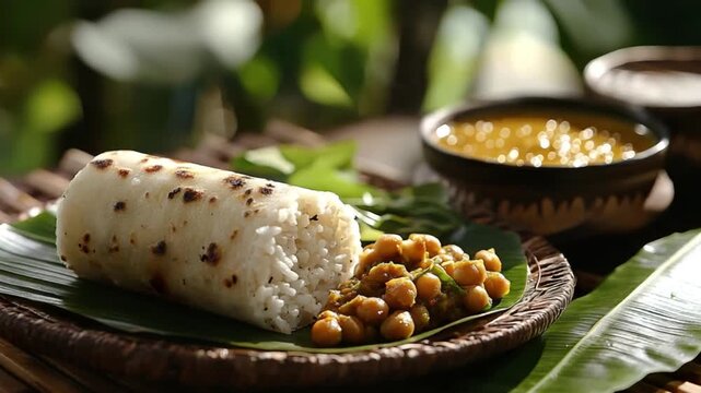 puttu and kadala, kerala cuisine, indian food close-up orbit video	