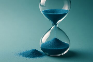 Blue Sand Hourglass Measuring Passing Time on Teal Background