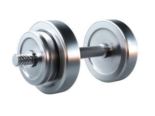 Naklejka premium Shiny Silver Dumbbell with Multiple Weight Plates and Textured Handle on Black Background fitness exercise, Isolated On Png Transparent Background