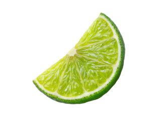 A single wedge of bright green lime with visible pulp and rind on a black background citrus fruit, Isolated On Png Transparent Background