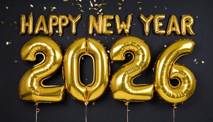 Golden balloons with “Happy New Year 2026” float elegantly as shimmering confetti falls against a deep black background, creating a cinematic, festive, and joyous new year celebration scene