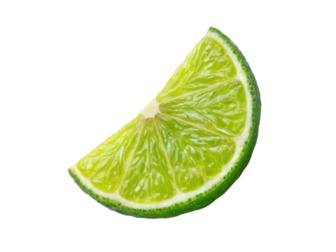A single wedge of bright green lime with visible pulp and rind on a black background citrus fruit, Isolated On Png Transparent Background