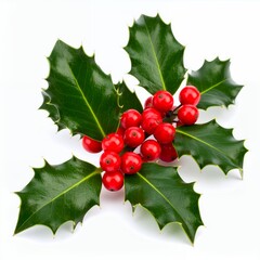 Vibrant holly branch adorned with crimson berries, a botanical composition on white background