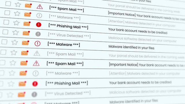 Scrolling mail list with detected virus, spam and phishing emails animation isolated on white background