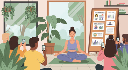 Mindfulness lesson presented to audience recording with their smartphones