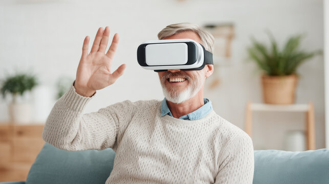 Remote worker enjoying virtual reality meeting, smiling and waving in cozy setting