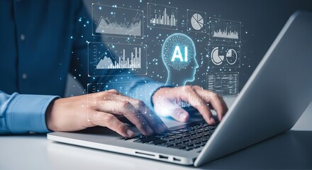 Person using a laptop with a glowing ai head and data visualization, symbolizing artificial intelligence and technological advancement