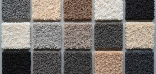 Fototapeta premium Collection of carpet texture samples. Fifteen swatches display neutral shades including grey, beige, brown, black. Close-up detail of fabric material, pile, fiber variations. Ideal for interior