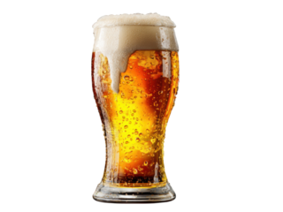 Tall glass of cold beer with frothy head and condensation droplets on black lager beverage, Isolated On Png Transparent Background