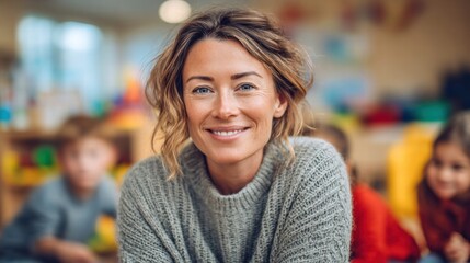 A beautiful, smiling woman poses in front of a group of children, appearing joyful and content.