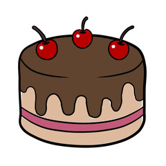 Cartoon chocolate cake with dripping icing and three cherries on top