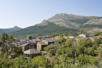 View of the town of Valverde de los Arroyos, typical black architecture built with slate