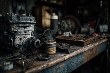 Rusty engine parts on a workshop table