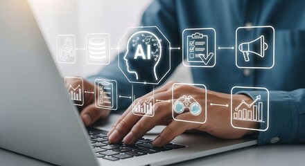 Closeup of a person typing on a laptop, with a glowing ai head icon and various business process icons symbolizing artificial intelligence in business