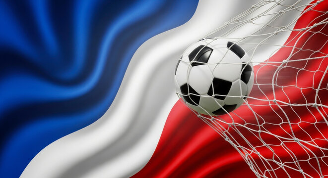 A soccer ball in a net with the france flag in the background waving softly