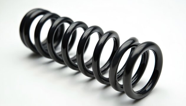 Black metal coil spring, automotive suspension component. Shiny, hard-wearing industrial part isolated on white background. Macro detail of a replacement or repair part for machinery and mechanics. - Powered by Adobe
