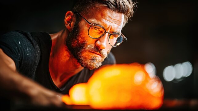 A glassblower in a workshop carefully working with molten glass, focused intently on his craft.