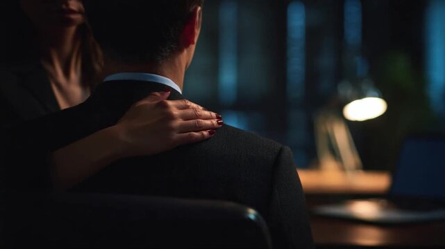 Intimate Moment in a Professional Setting: An atmospheric portrait reveals a clandestine moment of support and comfort. A woman's hand delicately rests on the shoulder of a man.