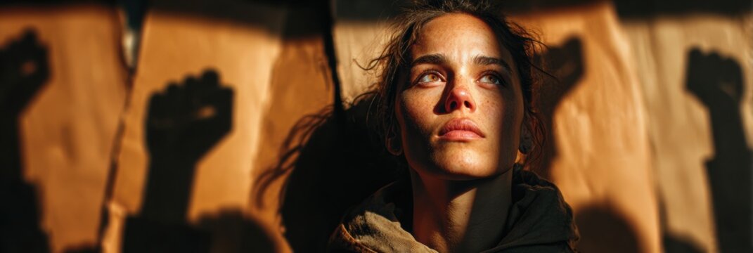 Powerful Activism Portrait of Determined Woman with Raised Fists Silhouettes Premium Authentic Social Justice Content for Modern Campaigns and Marketing