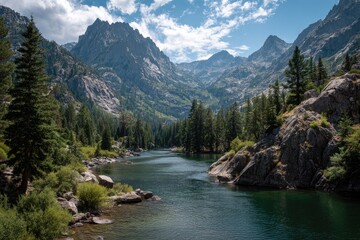 Mountain lake valley under a partly cloudy sky