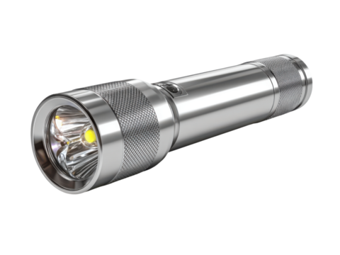 Silver Metal LED Flashlight with Textured Grip and Illuminated Bulb on Black Background torch LED flashlight, Isolated On Png Transparent Background