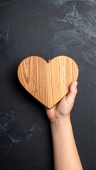 Hand holding a wooden heart on dark background