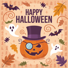 Obraz premium Flat Happy Halloween vector illustration background
