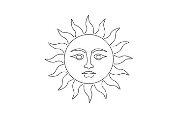 Continous line drawing a sun with a human face rays vector