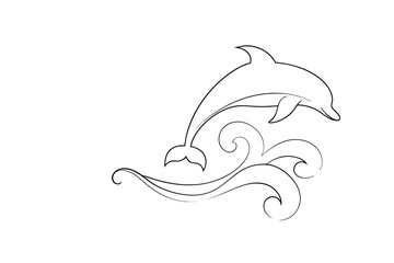 Minimalist Continous line continuous line drawing a dolphin leaping over waves jumping