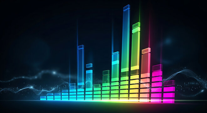 Colorful equalizer bars with audio waveform on dark background for music production