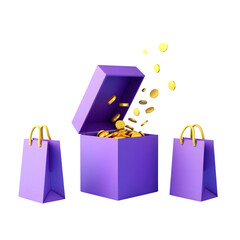 Purple treasure chest overflowing with gold coins and shopping bags isolated on transparent background