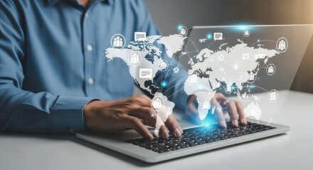 Person typing on a laptop with a glowing digital world map and network connections overlay, symbolizing global connectivity and technology