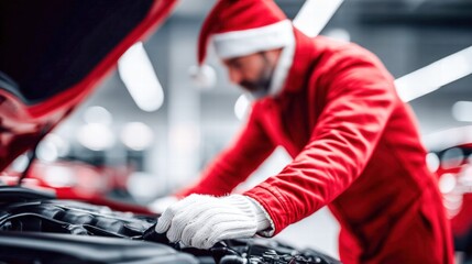 Santa Claus in the workshop fixing a car, a humorous holiday concept.