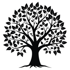 Black Silhouette Illustration of a Leafy Tree with Roots and Branches Extending Outward