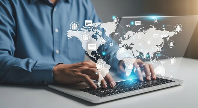 Person typing on a laptop with a glowing digital world map and network connections overlay, symbolizing global connectivity and technology