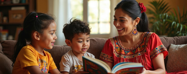 Smiling woman shares Hispanic heritage stories with attentive children from colorful book. Young learners foster love for culture, wisdom, dialogue. Heartwarming scene captures childhood engagement,